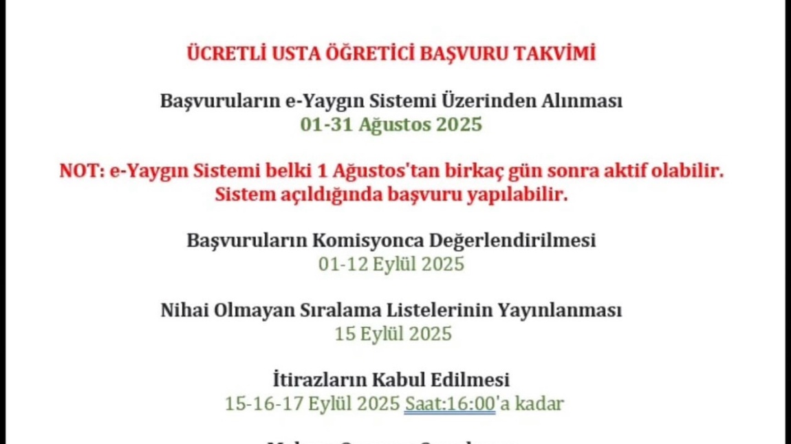 Usta Öğretici Başvuru Takvimi